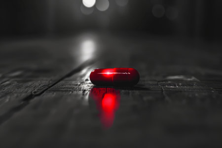 Red pill is lying on a wooden table casting a reflectionの素材
