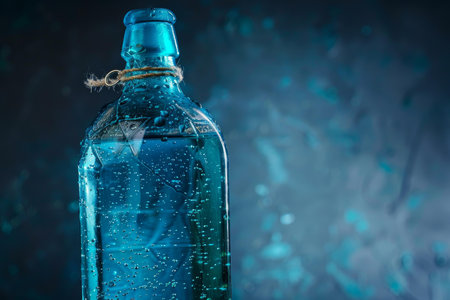 Blue glass bottle filled with liquid and bubbles on dark backgroundの素材