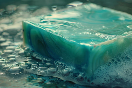 Turquoise blue handmade soap bar is laying on a wet surface surrounded by bubblesの素材