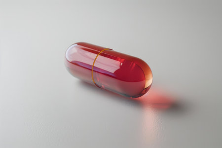 Red pill capsule is lying on a neutral background, casting a subtle shadowの素材