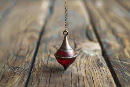 Red and bronze pendulum is hanging over a wooden background, swaying back and forthの素材