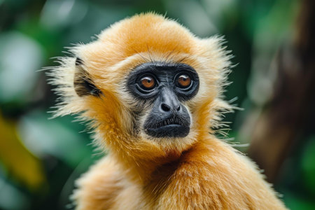 Close up portrait of a young golden langur monkey with a curious expressionの素材