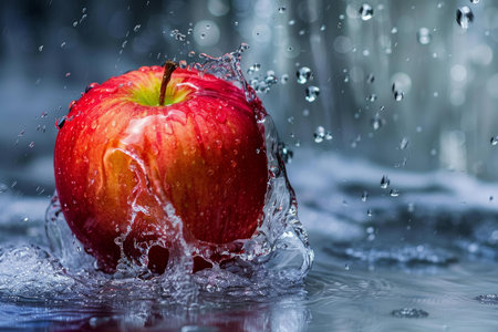 Red apple falling in water creating a big splash with drops over a gray backgroundの素材