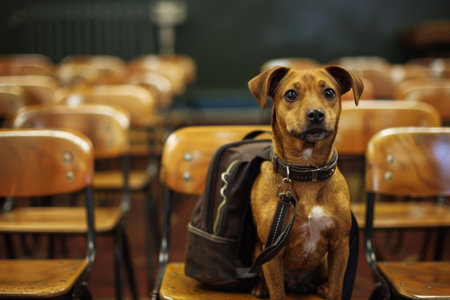 Smart dog sitting in classroom with backpack on ready to learnの素材