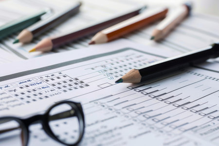 Businessman is filling out a paper form, carefully marking checkboxes with a pencilの素材