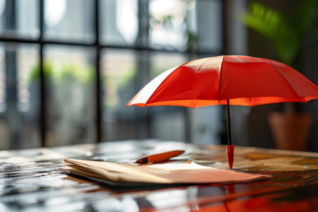 Red umbrella is protecting documents on a desk from a potential disaster, illustrating the concept of insuranceの素材
