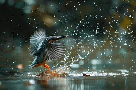 Kingfisher bird spreading its wings and taking off from the surface of a body of waterの素材