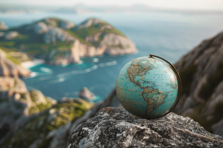 Globe sitting on a rock overlooking a beautiful blue ocean with islands in the backgroundの素材
