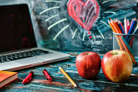 Back to school concept featuring apples, laptop and colorful stationery on a blue wooden deskの素材
