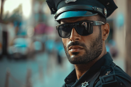Serious policeman with a shaved head wearing sunglasses and a uniform is patrolling the streets of a cityの素材