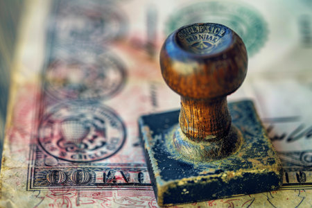Old wooden rubber stamp standing on top of a banknote covered in ink stampsの素材