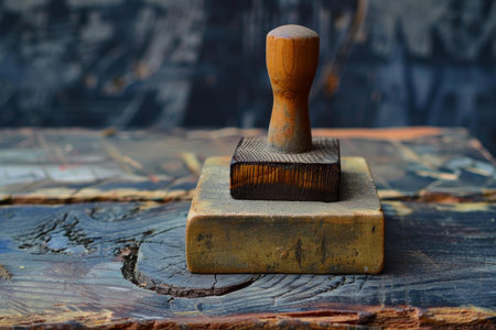 Old wooden stamp standing on a rustic wooden table against a dark backgroundの素材