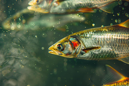 Freshwater fish swimming in murky water with its mouth slightly openの素材