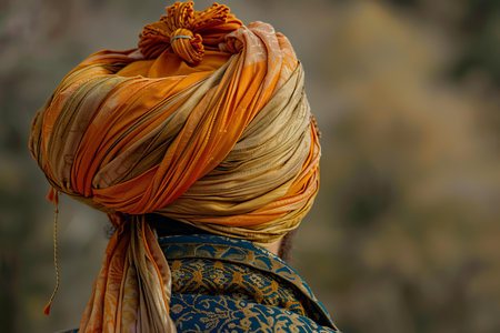 Indian man wearing an orange traditional turban and elegant patterned clothingの素材