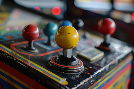 Yellow joystick is the focus of this close up image of an old arcade gameの素材