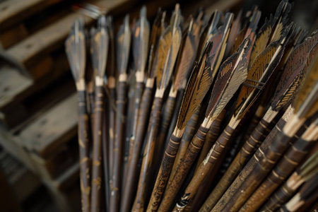 Close up view of numerous handcrafted wooden arrows, showing the artistry and precision involved in their creationの素材