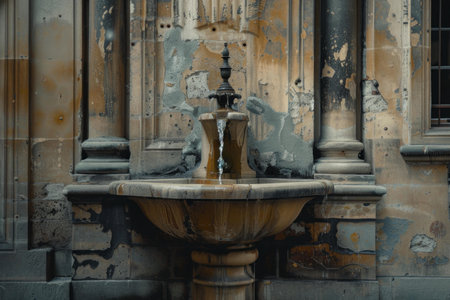 Old stone fountain spilling water in front of a weathered wall, showcasing the passage of time and the beauty of decayの素材