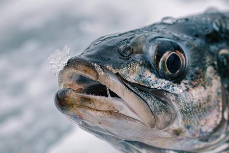 Close up of a sea bass head showing its gills and mouthの素材