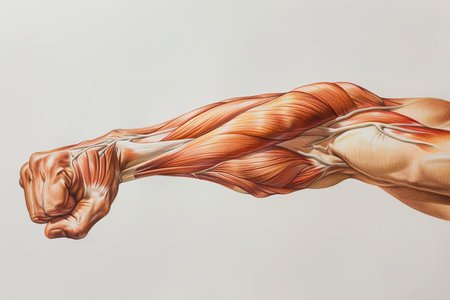 Detailed anatomical illustration showing the muscles of the lower arm flexing as they form a fistの素材