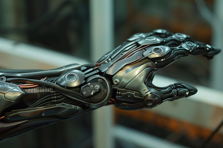 Close up shot of a futuristic bionic hand with intricate details, showcasing advanced technologyの素材