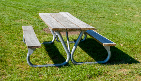 Picnic table and benches on a green lawn in the park.の写真素材