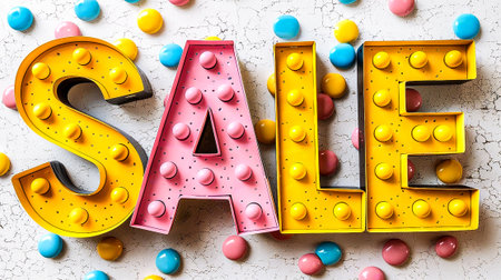 sale word made of plastic letters and colorful candies on concrete backgroundの素材