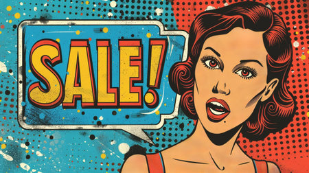Pop art woman in comics style with sale sign. Vector illustration.の素材