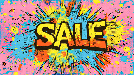 Sale - Comic book style word on abstract colorful comics background.の素材