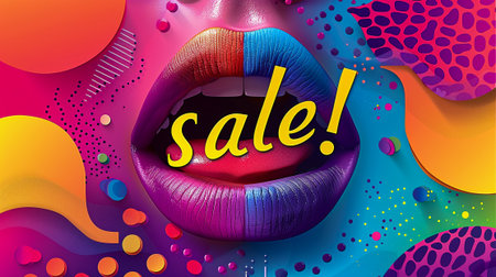 Fashion sale poster. Sexy lips with bright makeup. Vector illustrationの素材