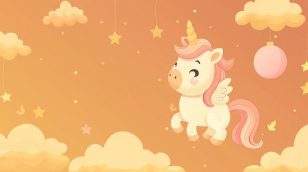 Cute cartoon unicorn with rainbow horn on a background of clouds and stars.の素材