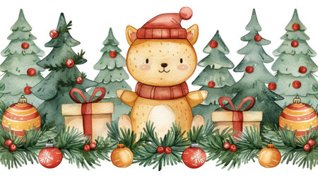 Christmas greeting card with cute bear and christmas tree. Watercolor illustrationの素材
