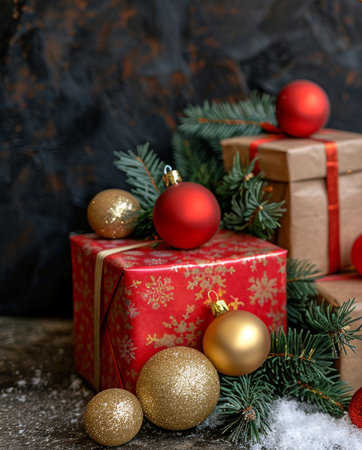 Christmas decoration with gift boxes, red balls and fir branches on dark backgroundの素材