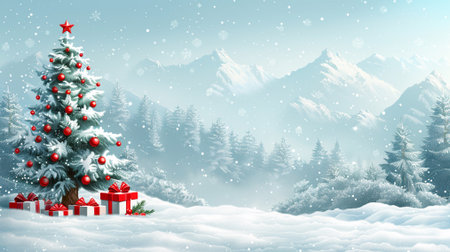 Christmas and New Year background with fir tree, gift boxes and snowy mountainsの素材