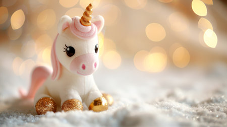 Cute unicorn on snow and bokeh lights background, closeupの素材