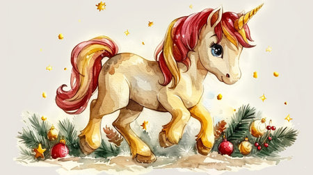 Hand drawn watercolor illustration of a cute unicorn on a Christmas backgroundの素材