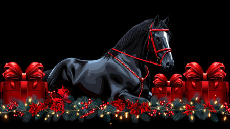 Black horse and christmas gifts on black background. Vector illustration.の素材