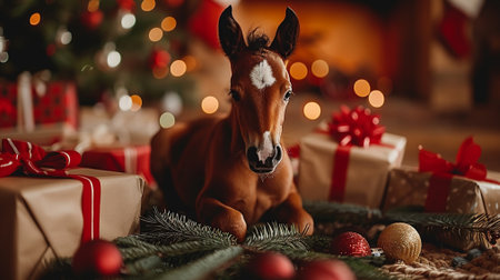 Horse with christmas gifts on background of Christmas tree and fireplaceの素材