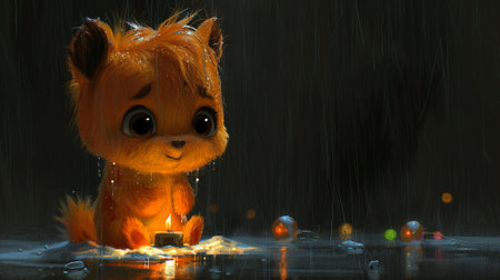 Cute little fox sitting in the rain with a candle in his handの素材