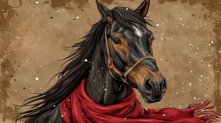 Horse with a red scarf on a grunge background. Vector illustration.の素材