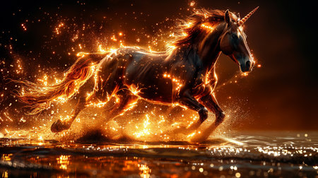 Unicorn on fire background. Fantasy horse. 3d renderの素材