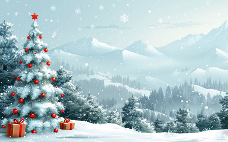 Winter landscape with fir trees, gifts and snowflakes. 3D renderingの素材