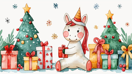Watercolor cute unicorn with gifts and Christmas tree on white background.の素材