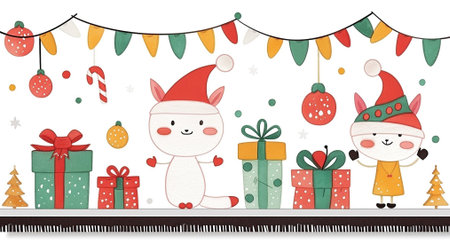 Christmas card with cute deer, gifts and garlands. Vector illustration.の素材