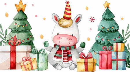 Watercolor cute unicorn with gift boxes and christmas tree on white backgroundの素材