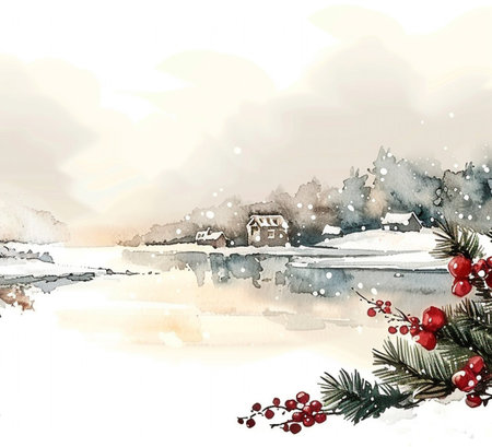 Winter landscape. Watercolor hand drawn illustration. Christmas and New Year background.の素材