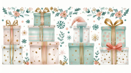 Set of gift boxes with bows and snowflakes. Vector illustration.の素材