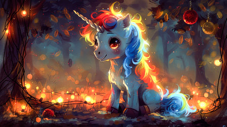 Magic unicorn in the forest. Illustration of a fairy tale.の素材