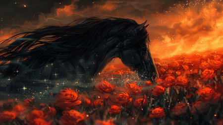 Horse in a field of red tulips at sunset. Digital paintingの素材