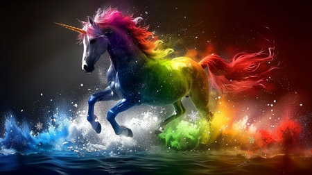Unicorn horse with rainbow mane and mane jumping on colorful backgroundの素材