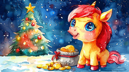 Cute cartoon horse with golden coins and christmas tree on the backgroundの素材